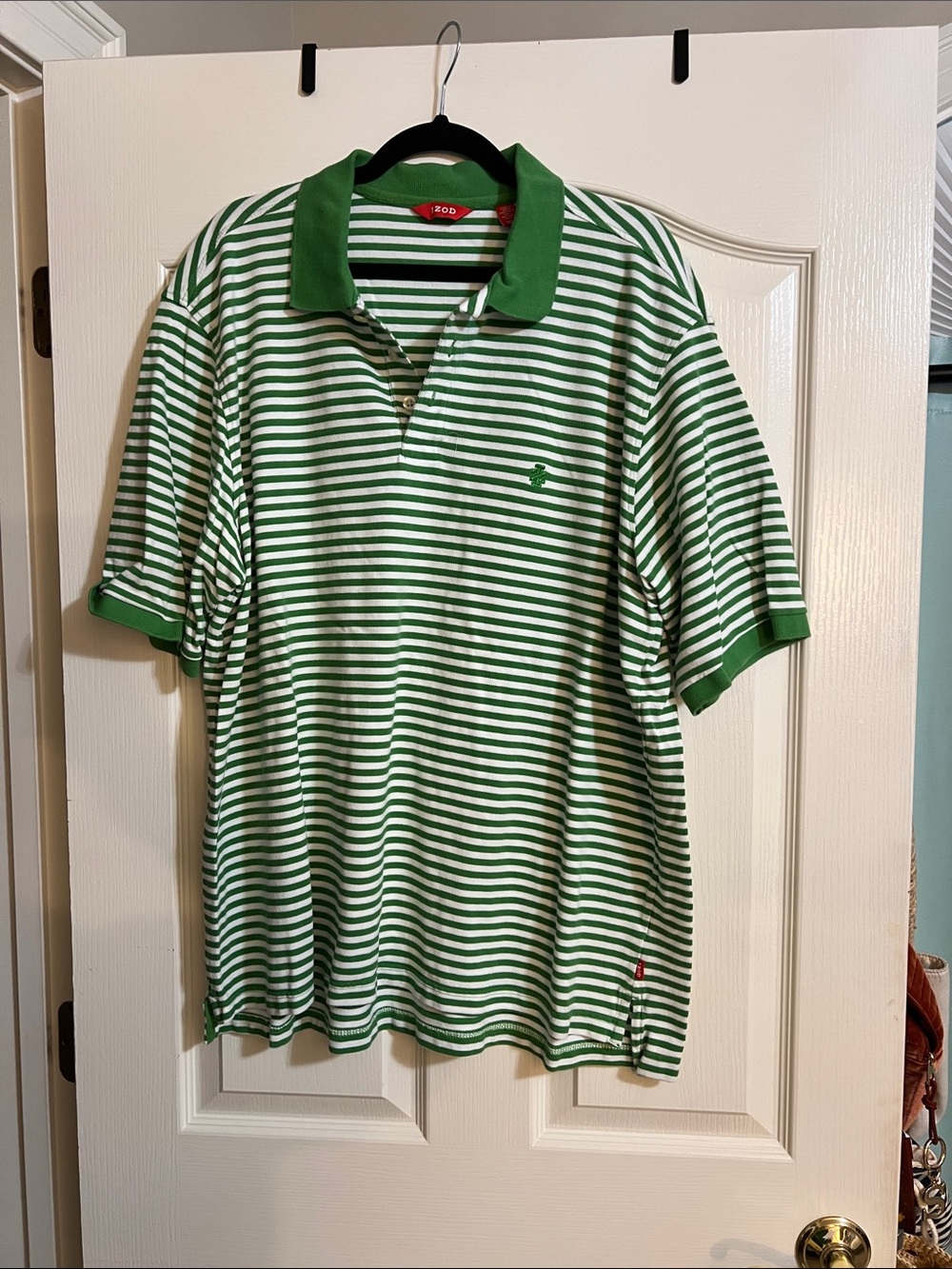 Izod Green & White Striped Polo Shirt with Contrast Collar